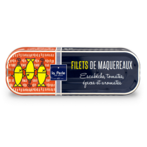 Boite de filets de maquereaux en escabèche et à la tomate de la conserverie la Perle des Dieux.