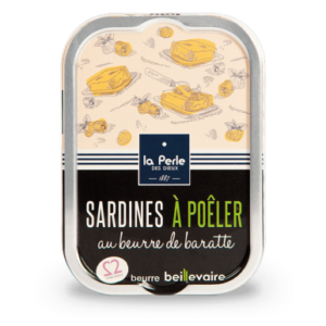 Boite de sardines à poêler au beurre de baratte de la conserverie la perle des dieux.
