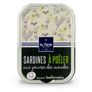Boite de sardines à poêler aux poivres des mondes de la conserverie la perle des dieux.